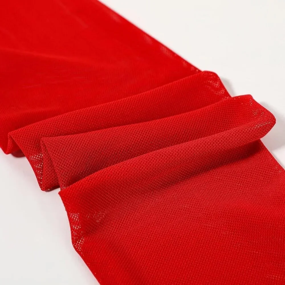 Women's Long Red Ruffle Puff Cuff Sleeve Mesh Gloves Wedding Party Costume